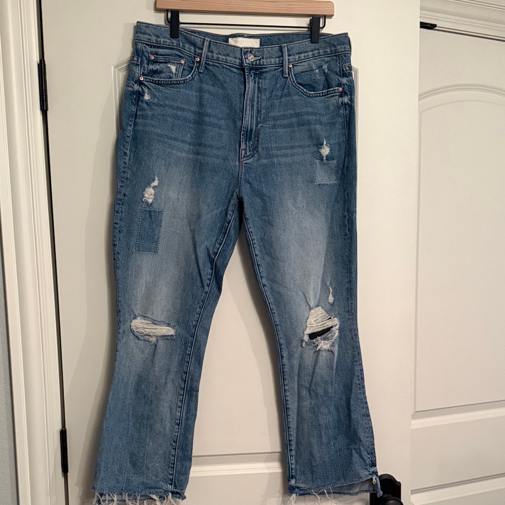 MOTHER Blue Distressed Straight Leg Jeans